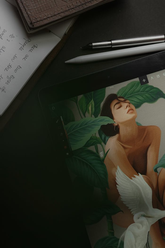 Close-up of a digital art process featuring a tablet, pen, and artistic sketch.